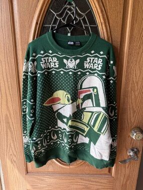 Star Wars Green Crewneck Sweater with Boba Fett and Grogu Graphic